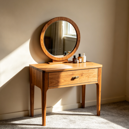Small Vanity Table with Round Mirror and Single Drawer